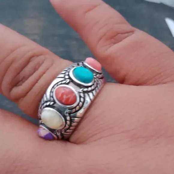 Boho Colorful Turquoise, Lab Created Multi Gemstone Silver tone Ring, size 6 - Picture 6 of 7